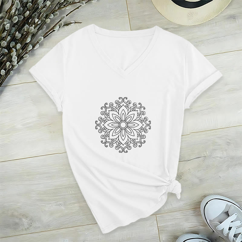 Olivenorma Mandala Inner Strength T-shirt con scollo a V per yoga e meditazione - Bianco - 2XL - image 3