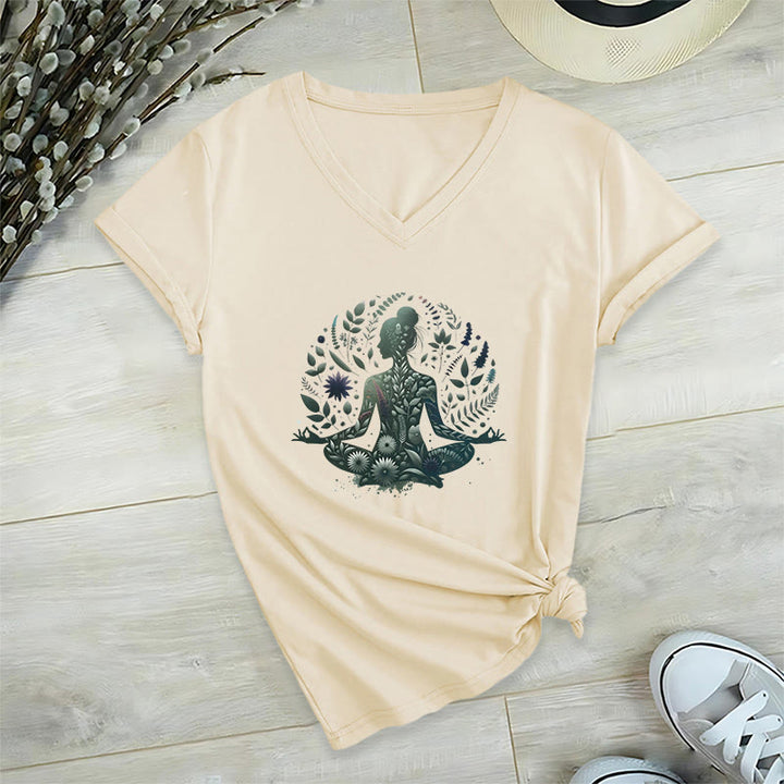 Olivenorma Maglietta da meditazione yoga con scollo a V e stampa Mindful Power ispirata alla natura - Cachi - 2XL - image 15