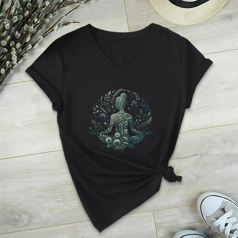 Olivenorma Maglietta da meditazione yoga con scollo a V e stampa Mindful Power ispirata alla natura - Nero - 2XL - image 3