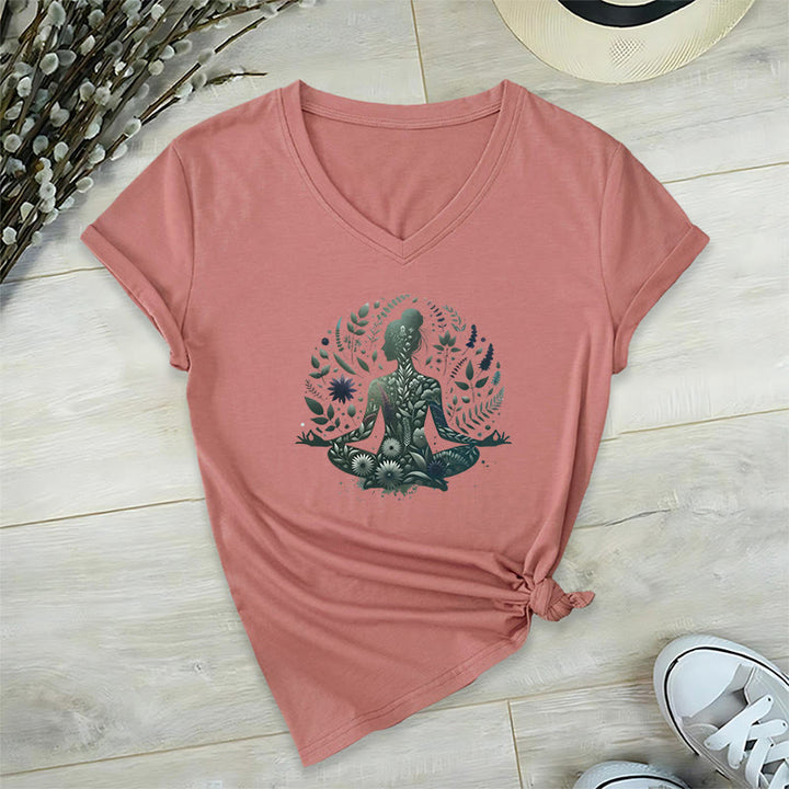 Olivenorma Maglietta da meditazione yoga con scollo a V e stampa Mindful Power ispirata alla natura - Rosa - 2XL - image 9