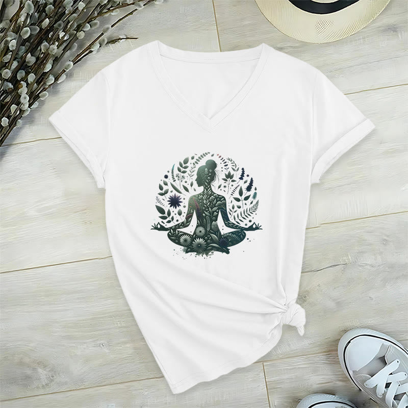 Olivenorma Maglietta da meditazione yoga con scollo a V e stampa Mindful Power ispirata alla natura - Bianco - 2XL - image 0