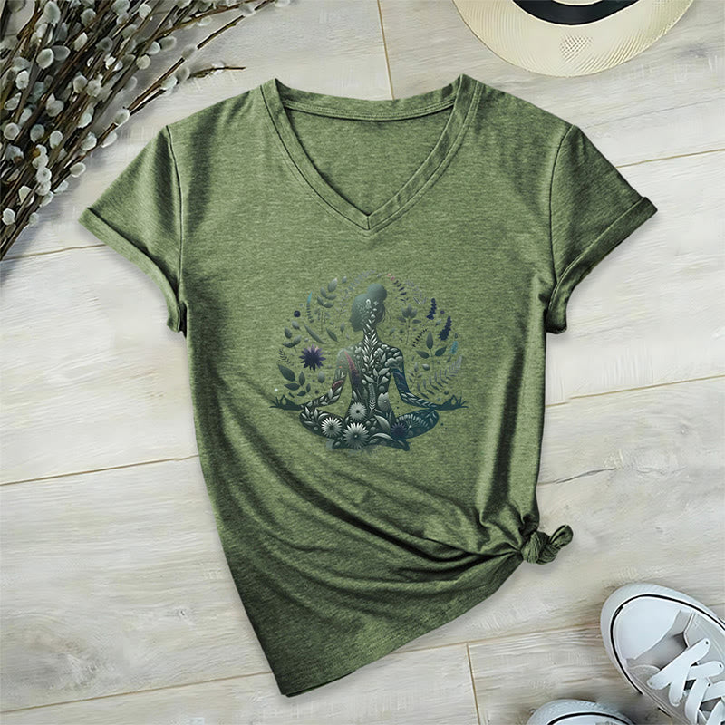 Olivenorma Maglietta da meditazione yoga con scollo a V e stampa Mindful Power ispirata alla natura - Verde oliva - 2XL - image 19