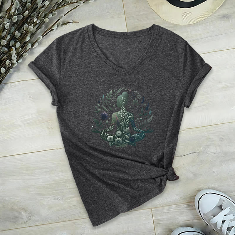 Olivenorma Maglietta da meditazione yoga con scollo a V e stampa Mindful Power ispirata alla natura - Grigio - 2XL - image 5