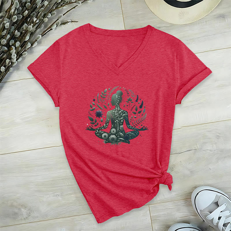 Olivenorma Maglietta da meditazione yoga con scollo a V e stampa Mindful Power ispirata alla natura - Rosso - 2XL - image 21