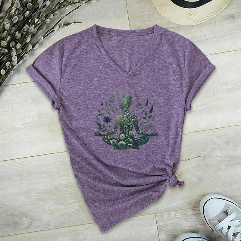 Olivenorma Maglietta da meditazione yoga con scollo a V e stampa Mindful Power ispirata alla natura - Viola - 2XL - image 7