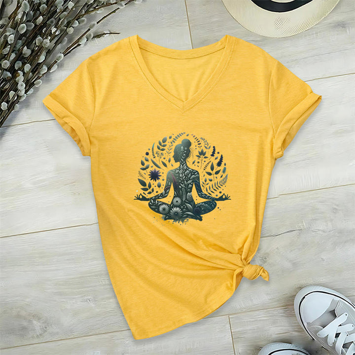 Olivenorma Maglietta da meditazione yoga con scollo a V e stampa Mindful Power ispirata alla natura - Giallo - 2XL - image 23