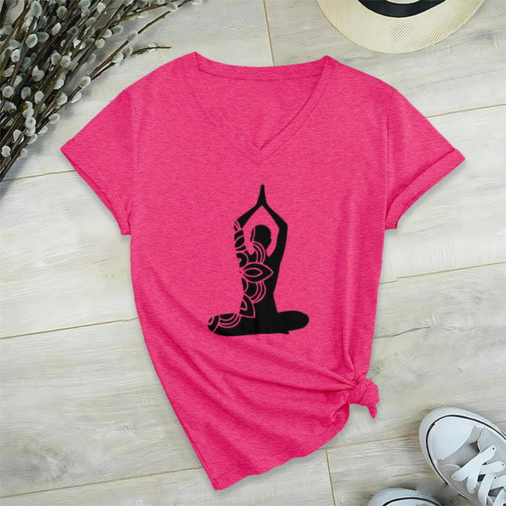 Maglietta da meditazione con scollo a V e scritta "Olivenorma Yoga Pose Mindful Energy" - Rosa rossa - 2XL - image 25