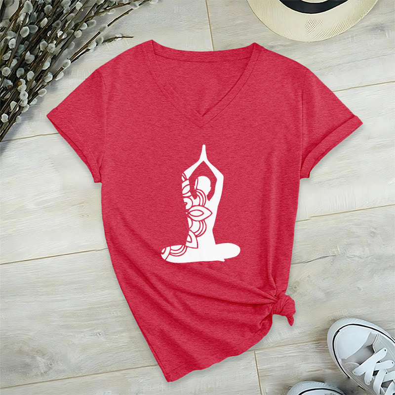 Maglietta da meditazione con scollo a V e scritta "Olivenorma Yoga Pose Mindful Energy" - Rosso - 2XL - image 21