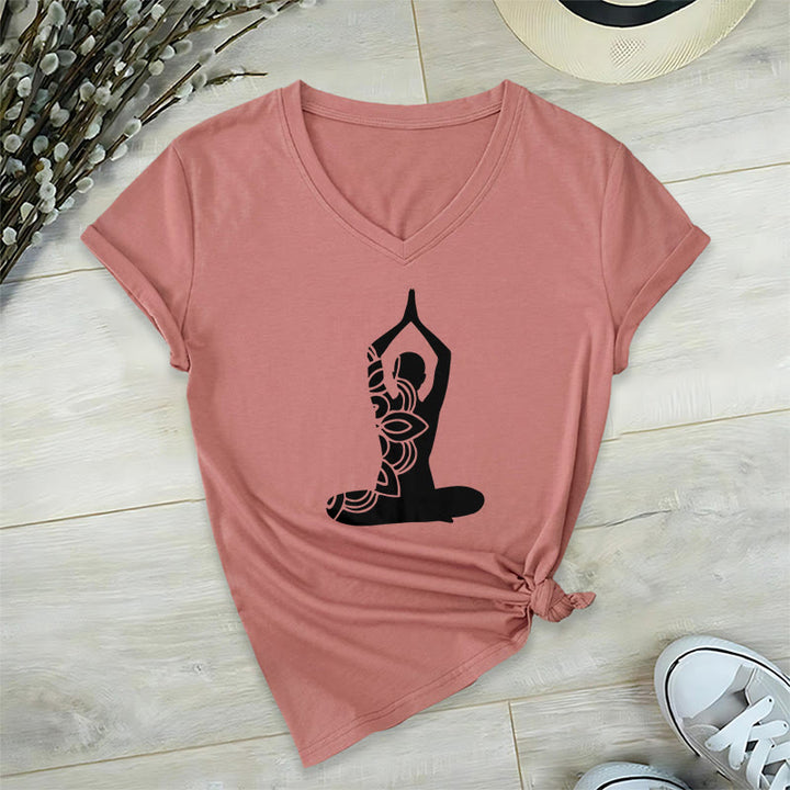 Maglietta da meditazione con scollo a V e scritta "Olivenorma Yoga Pose Mindful Energy" - Rosa - 2XL - image 11