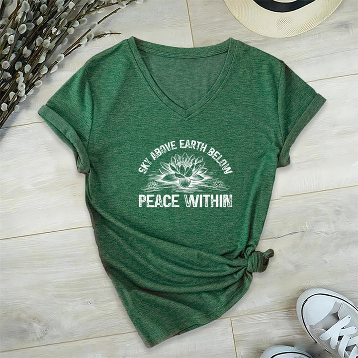 Olivenorma T-shirt in cotone con scollo a V e simbolo di pace interiore per yoga e meditazione - Verde scuro - 2XL - image 19