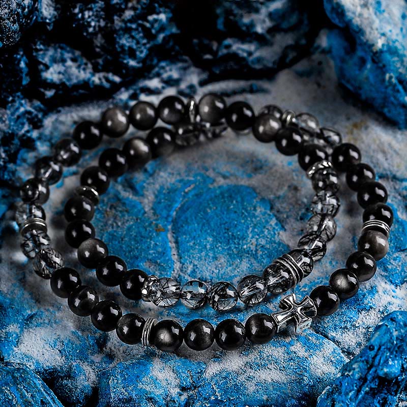 Bracciale doppio Olivenorma Cross in argento ossidiana e quarzo nero rutilato - image 1