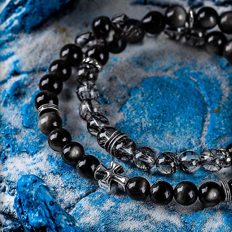 Bracciale doppio Olivenorma Cross in argento ossidiana e quarzo nero rutilato - image 2