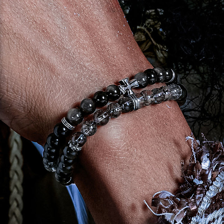 Bracciale doppio Olivenorma Cross in argento ossidiana e quarzo nero rutilato - image 3