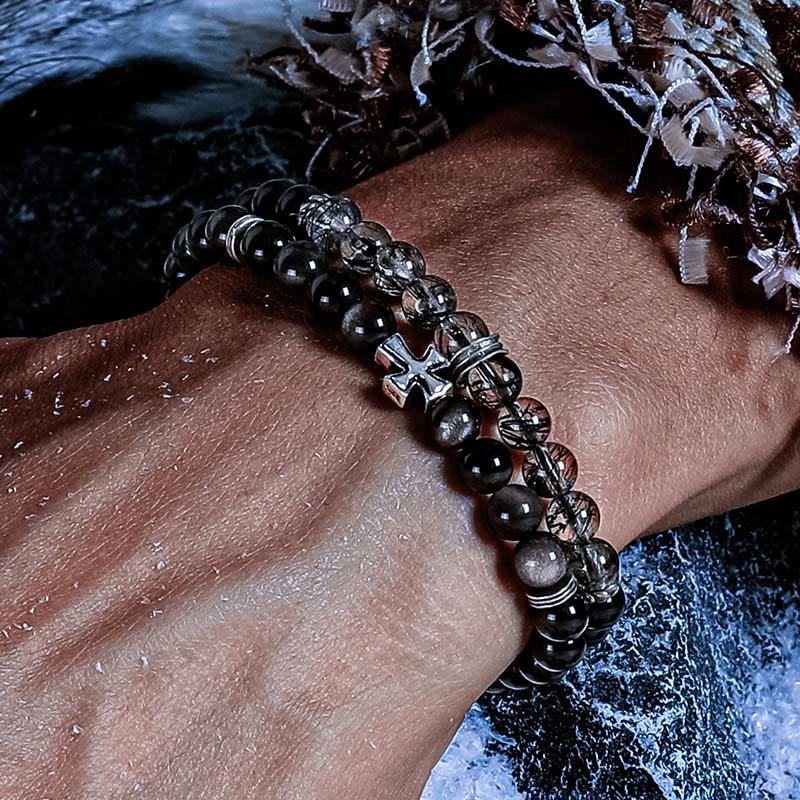 Bracciale doppio Olivenorma Cross in argento ossidiana e quarzo nero rutilato - image 4