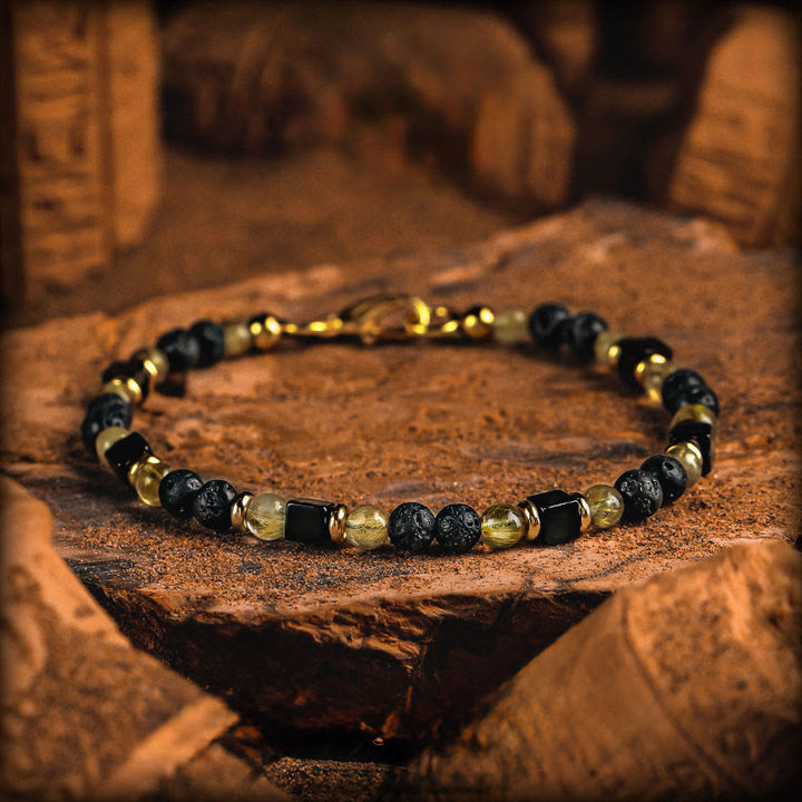 Bracciale Olivenorma in quarzo rutilato dorato e pietra lavica - Stile 1 - 18 centimetri - image 1