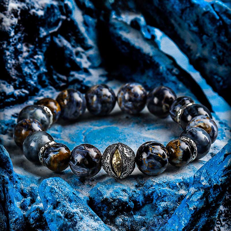 Bracciale Olivenorma con perline di pietersite e acquamarina - 17 centimetri - image 0