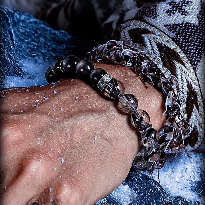 Bracciale Olivenorma con perline in quarzo nero rutilato e ossidiana argentata - image 4