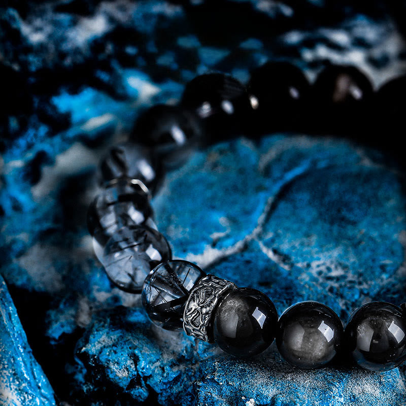 Bracciale Olivenorma con perline in quarzo nero rutilato e ossidiana argentata - image 2