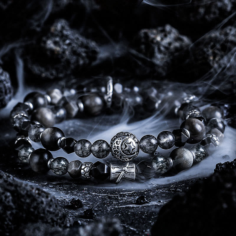 Bracciale Olivenorma a doppio giro in quarzo nero rutilato e ossidiana argentata - 18 centimetri - image 0