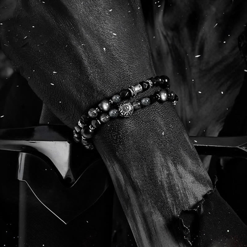 Bracciale Olivenorma a doppio giro in quarzo nero rutilato e ossidiana argentata - image 4