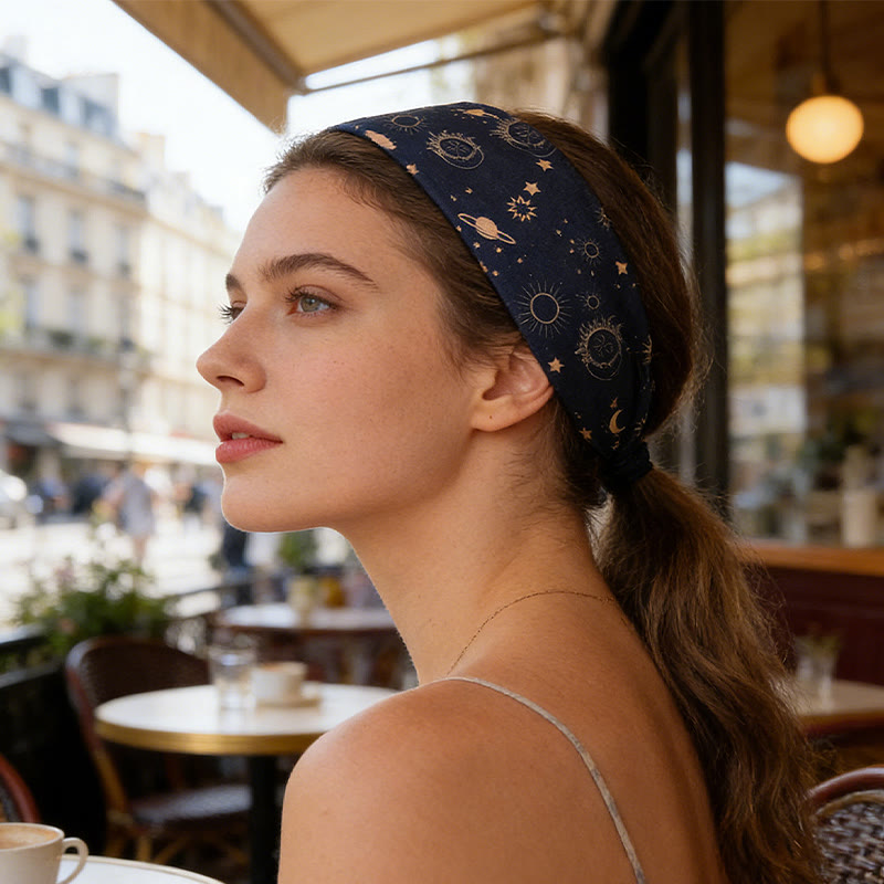 Fascia per capelli regolabile da yoga con stampa boho "Occhio diabolico e sole" Olivenorma - image 3