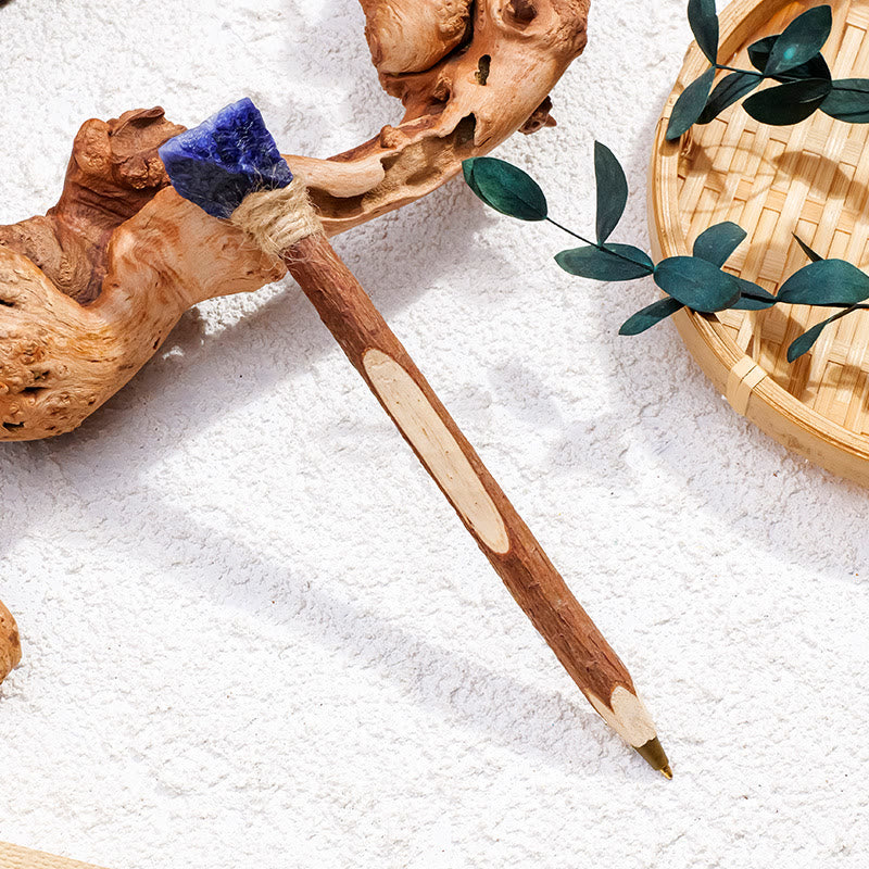 Penna a sfera in legno con pietre preziose naturali Olivenorma e bacchette di cristallo - Sodalite blu - image 14