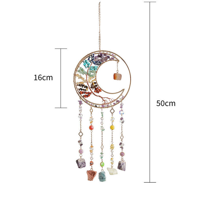 Olivenorma - Campanello a vento a forma di acchiappasole con cristalli colorati, albero della vita e luna - image 15