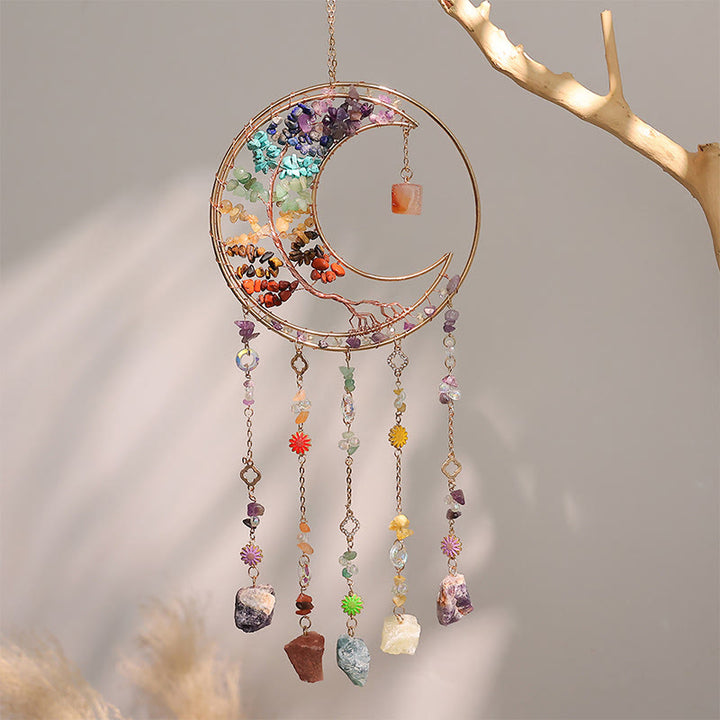 Olivenorma - Campanello a vento a forma di acchiappasole con cristalli colorati, albero della vita e luna - Chakra - image 1