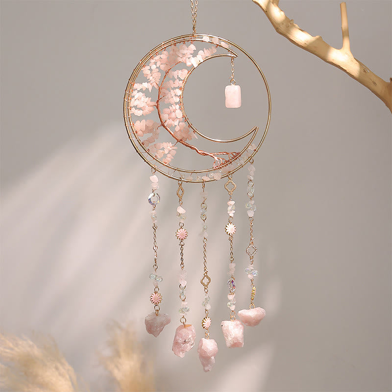 Olivenorma - Campanello a vento a forma di acchiappasole con cristalli colorati, albero della vita e luna - Quarzo rosa - image 8
