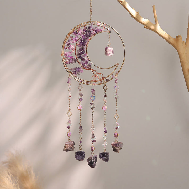 Olivenorma - Campanello a vento a forma di acchiappasole con cristalli colorati, albero della vita e luna - Ametista - image 2