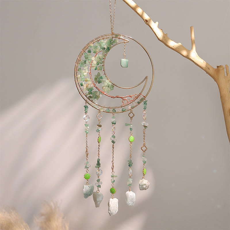 Olivenorma - Campanello a vento a forma di acchiappasole con cristalli colorati, albero della vita e luna - Avventurina verde - image 4