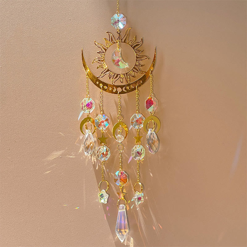 Olivenorma - Campanello a vento con acchiappasole a forma di occhio di cristallo di luna e fiamma dorata - Cristallo Sole-Luna - image 6