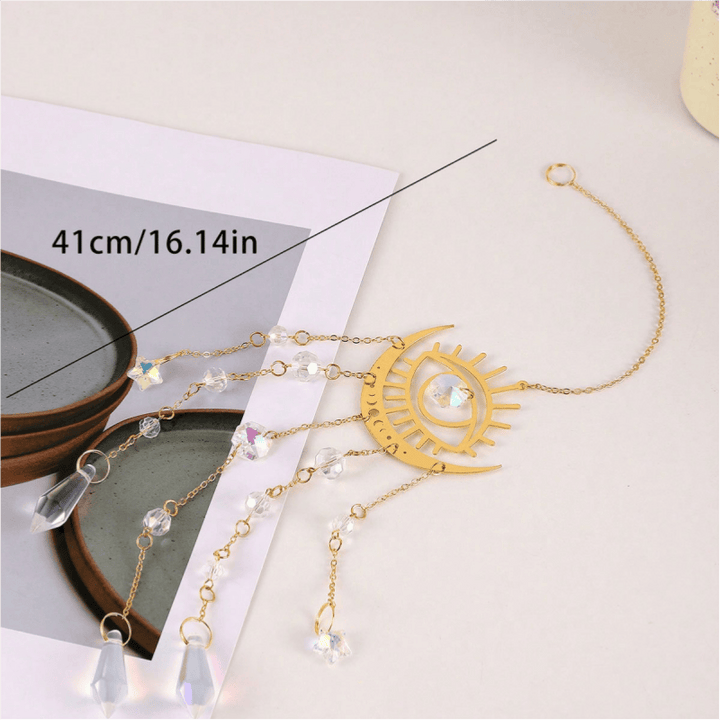 Olivenorma - Campanello a vento con acchiappasole a forma di occhio di cristallo di luna e fiamma dorata - image 5