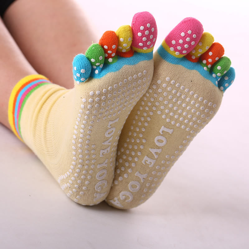 Calzini Olivenorma antiscivolo con separazione delle dita per Pilates, Barre e Fitness, in cotone traspirante e confortevole, con design "Love Yoga" e design a cinque dita. - Color-Toe & Yellow - 10 paia - image 10