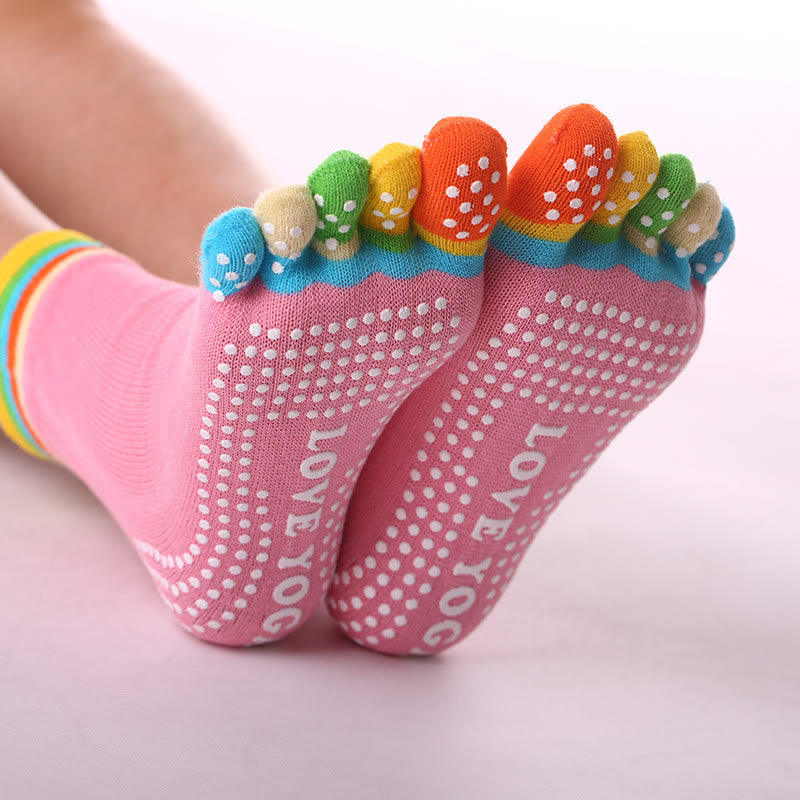 Calzini Olivenorma antiscivolo con separazione delle dita per Pilates, Barre e Fitness, in cotone traspirante e confortevole, con design "Love Yoga" e design a cinque dita. - Color-Toe & Pink - 10 paia - image 0