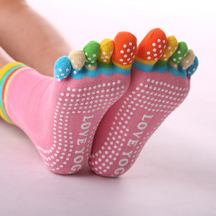 Calzini Olivenorma antiscivolo con separazione delle dita per Pilates, Barre e Fitness, in cotone traspirante e confortevole, con design "Love Yoga" e design a cinque dita. - Color-Toe & Pink - 10 paia - image 0