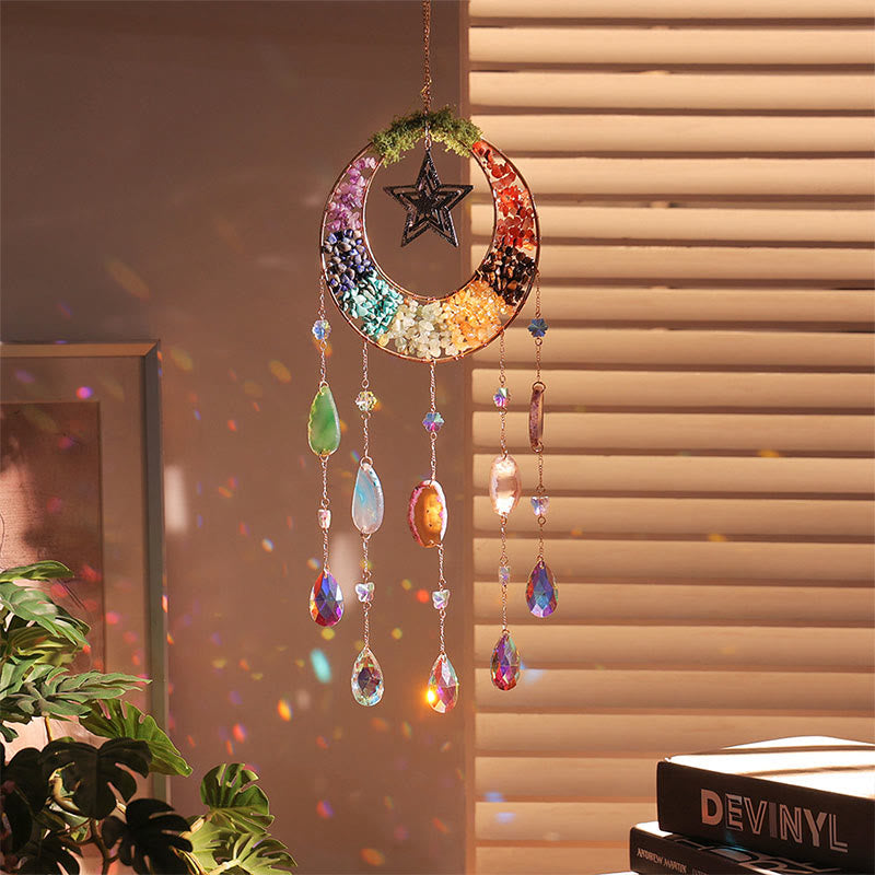 Olivenorma Crystal Chips Moon & Star Rainbow Chakra Suncatcher Wind Chime - image 3