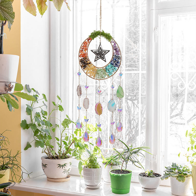 Olivenorma Crystal Chips Moon & Star Rainbow Chakra Suncatcher Wind Chime - image 4