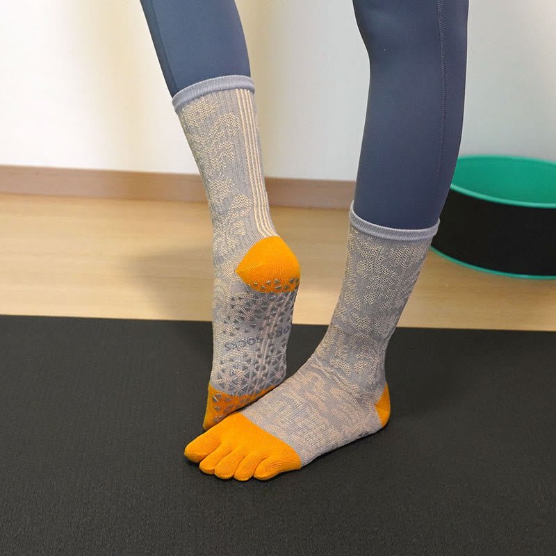 Calzini Olivenorma traspiranti con separazione delle dita, antiscivolo, per Pilates e Barre, con cotone, vestibilità comoda, stampa floreale, calzini yoga a cinque dita - Arancia - 10 paia - image 1