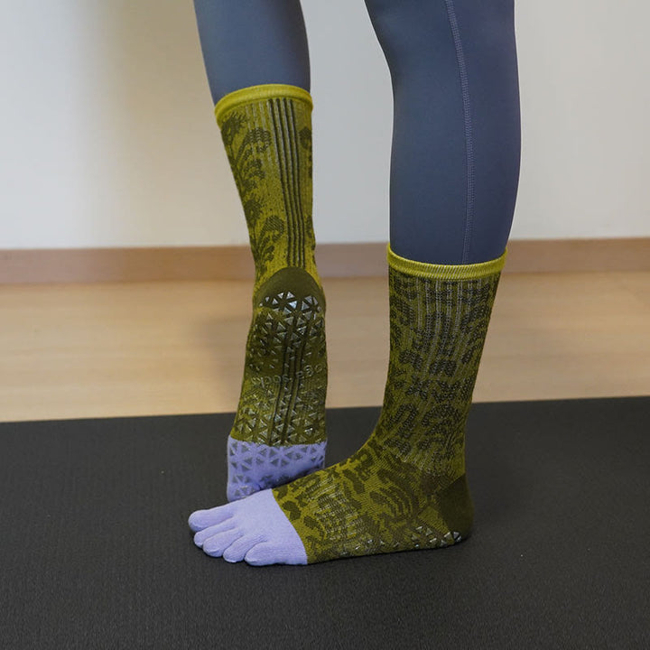 Calzini Olivenorma traspiranti con separazione delle dita, antiscivolo, per Pilates e Barre, con cotone, vestibilità comoda, stampa floreale, calzini yoga a cinque dita - Verde - 10 paia - image 3