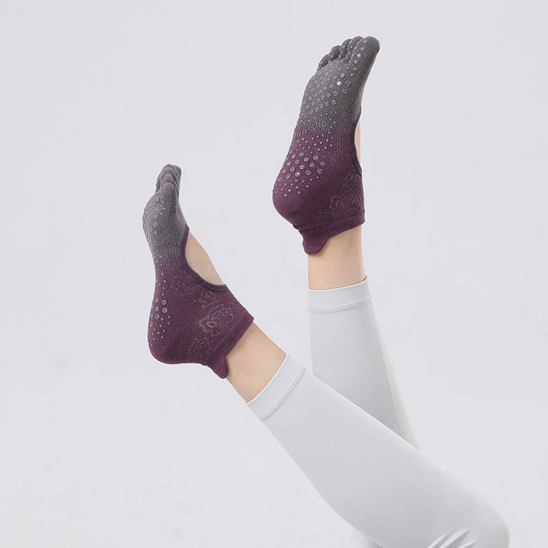 Calzini antiscivolo Olivenorma per Pilates, Barre e Danza con design traspirante a tallone aperto, calzini yoga senza tallone a cinque dita sfumati - Viola e grigio - 10 paia - image 2