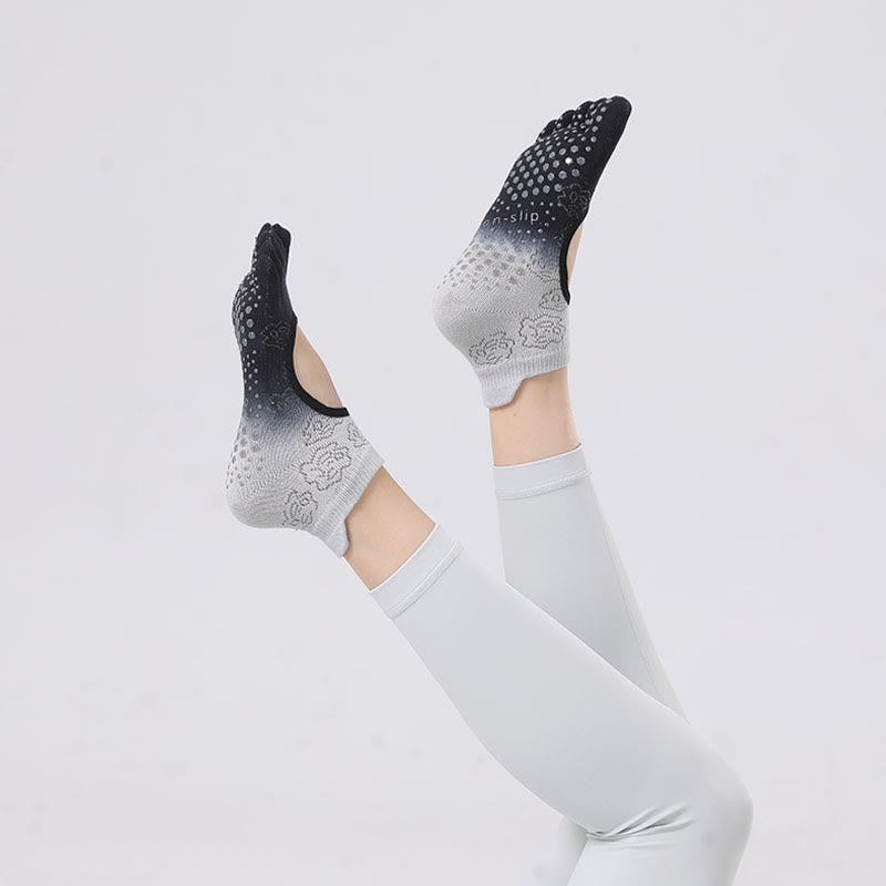 Calzini antiscivolo Olivenorma per Pilates, Barre e Danza con design traspirante a tallone aperto, calzini yoga senza tallone a cinque dita sfumati - Grigio e nero - 10 paia - image 5