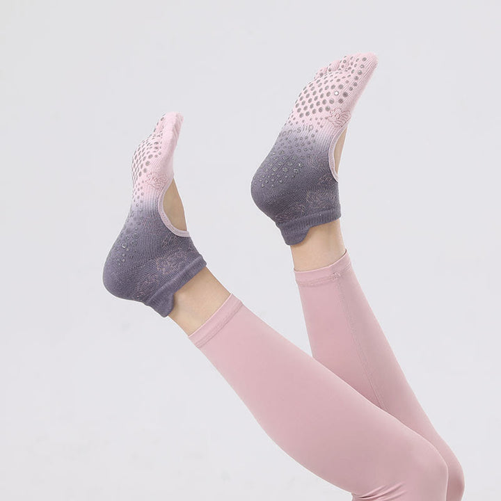 Calzini antiscivolo Olivenorma per Pilates, Barre e Danza con design traspirante a tallone aperto, calzini yoga senza tallone a cinque dita sfumati - Rosa e viola - 10 paia - image 10