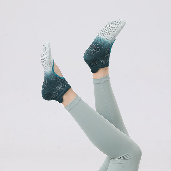Calzini antiscivolo Olivenorma per Pilates, Barre e Danza con design traspirante a tallone aperto, calzini yoga senza tallone a cinque dita sfumati - Verde scuro e blu - 10 paia - image 0