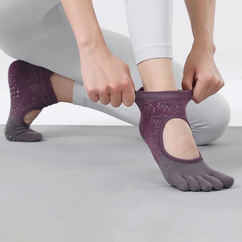 Calzini antiscivolo Olivenorma per Pilates, Barre e Danza con design traspirante a tallone aperto, calzini yoga senza tallone a cinque dita sfumati - image 3