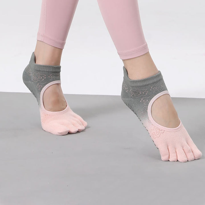 Calzini antiscivolo Olivenorma per Pilates, Barre e Danza con design traspirante a tallone aperto, calzini yoga senza tallone a cinque dita sfumati - image 9