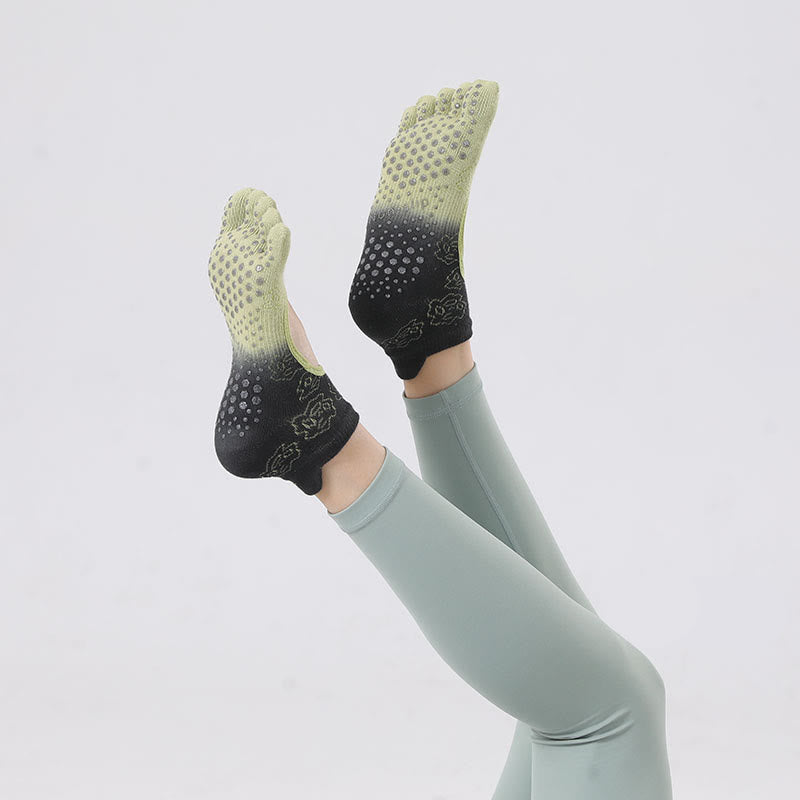 Calzini antiscivolo Olivenorma per Pilates, Barre e Danza con design traspirante a tallone aperto, calzini yoga senza tallone a cinque dita sfumati - Verde smeraldo e nero - 10 paia - image 4