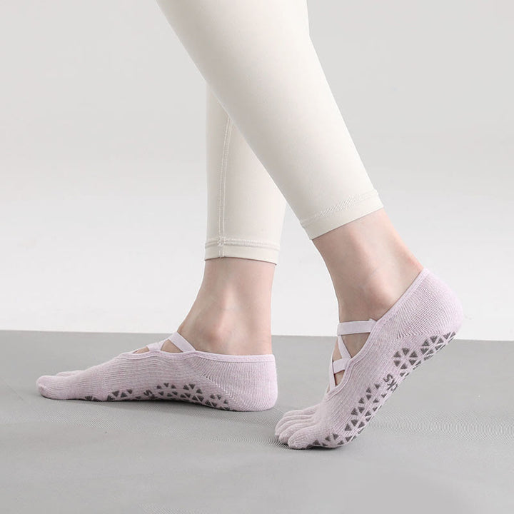 Calzini Olivenorma antiscivolo con separazione delle dita per Pilates, Barre e Fitness, con supporto sicuro tramite cinturino incrociato, calzini yoga con cinque cinturini per le dita. - Viola chiaro - 10 paia - image 1