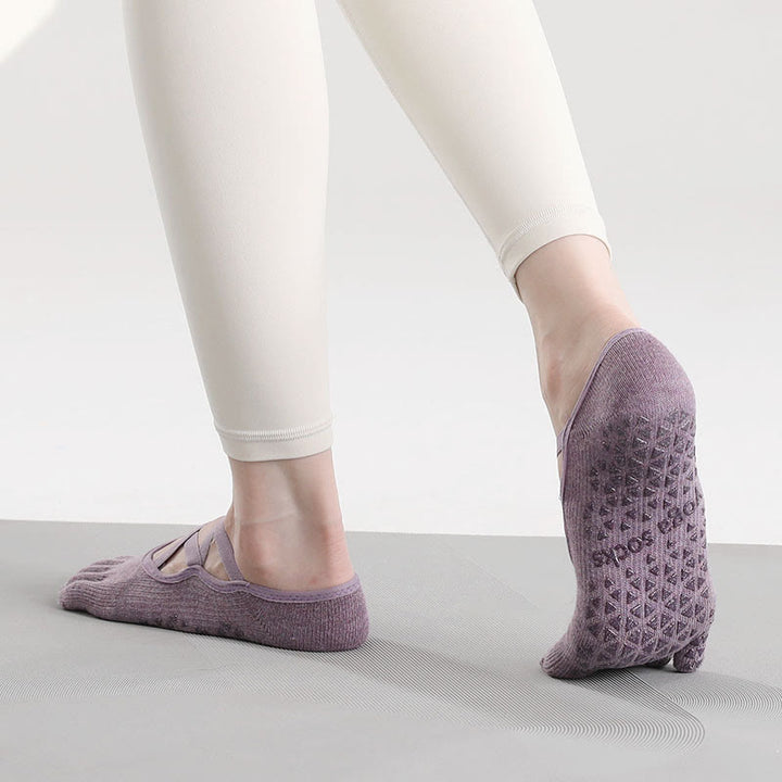 Calzini Olivenorma antiscivolo con separazione delle dita per Pilates, Barre e Fitness, con supporto sicuro tramite cinturino incrociato, calzini yoga con cinque cinturini per le dita. - Viola scuro - 10 paia - image 2