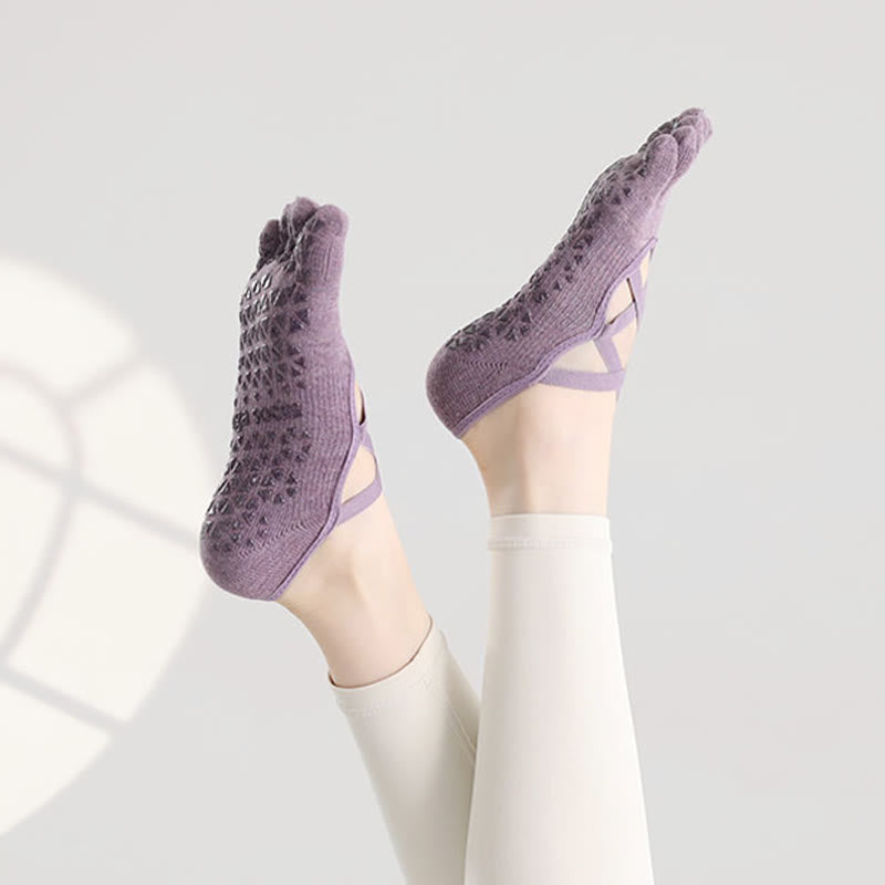 Calzini Olivenorma antiscivolo con separazione delle dita per Pilates, Barre e Fitness, con supporto sicuro tramite cinturino incrociato, calzini yoga con cinque cinturini per le dita. - image 3